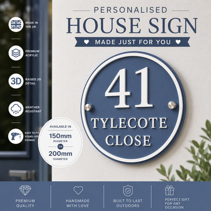 Personalised Round House Sign | Denim Blue & White Acrylic House Number Sign | Modern Address Plaque | 3D Door Number Sign UK