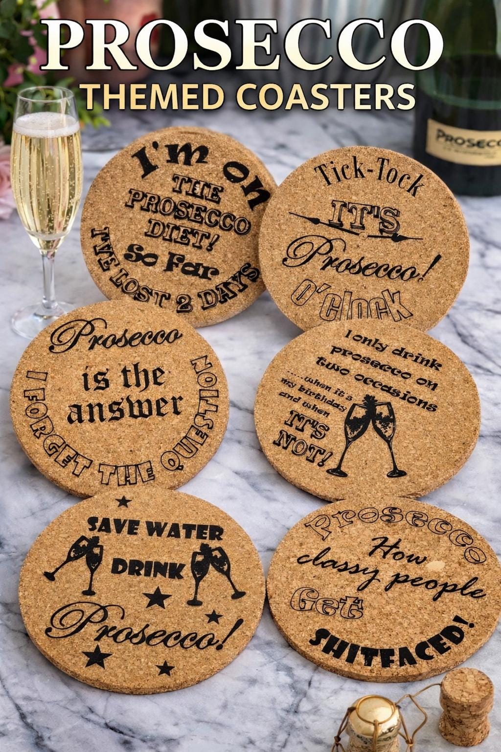 Prosecco Lovers, Slate Cork Oak finish Laser Crafted UK Fun Drinks Coaster sets (6 pack)