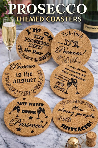 Prosecco Lovers, Slate Cork Oak finish Laser Crafted UK Fun Drinks Coaster sets (6 pack)