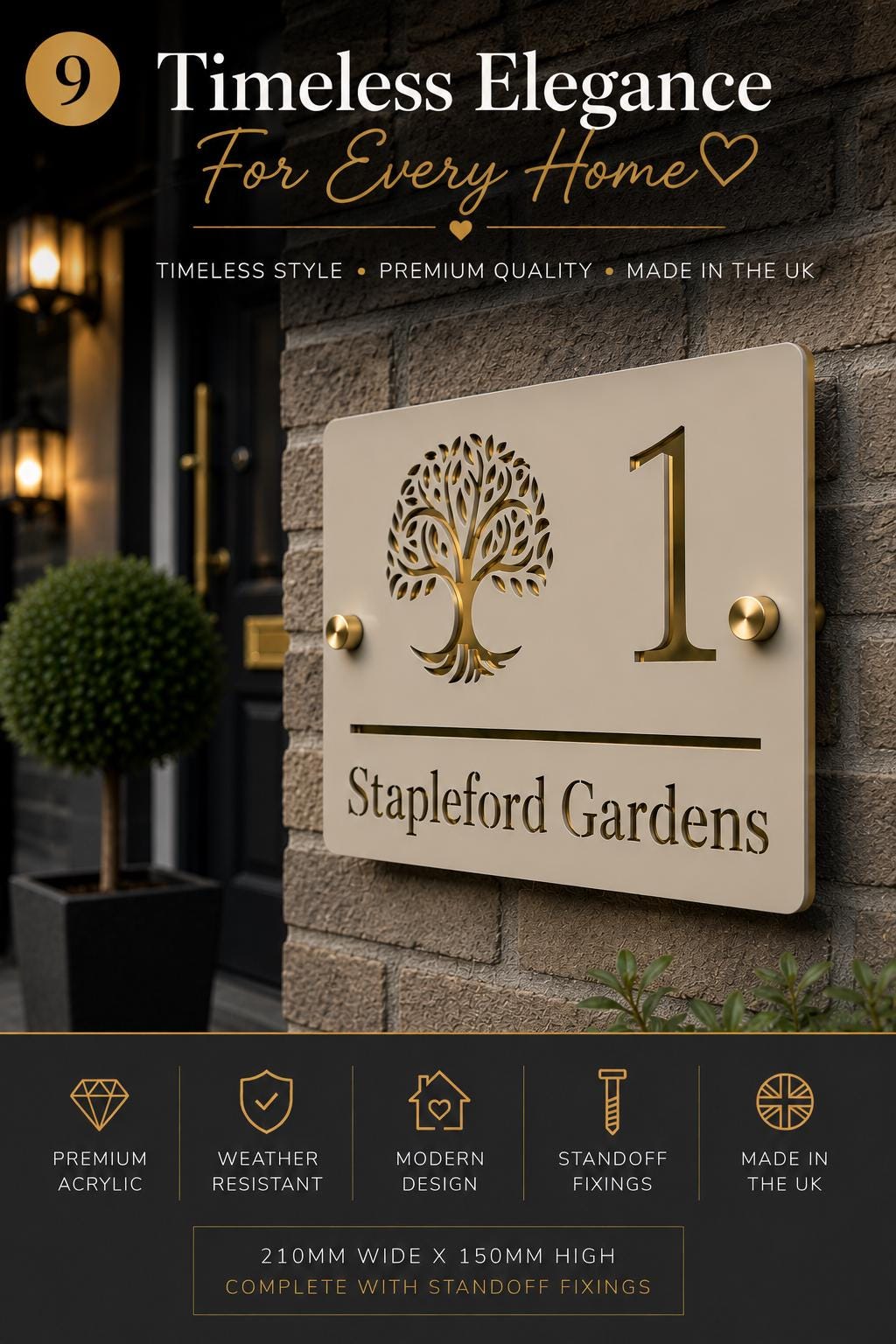 House Sign UK Personalised Address Plaque Door Number Sign Stone Mirror Gold Acrylic