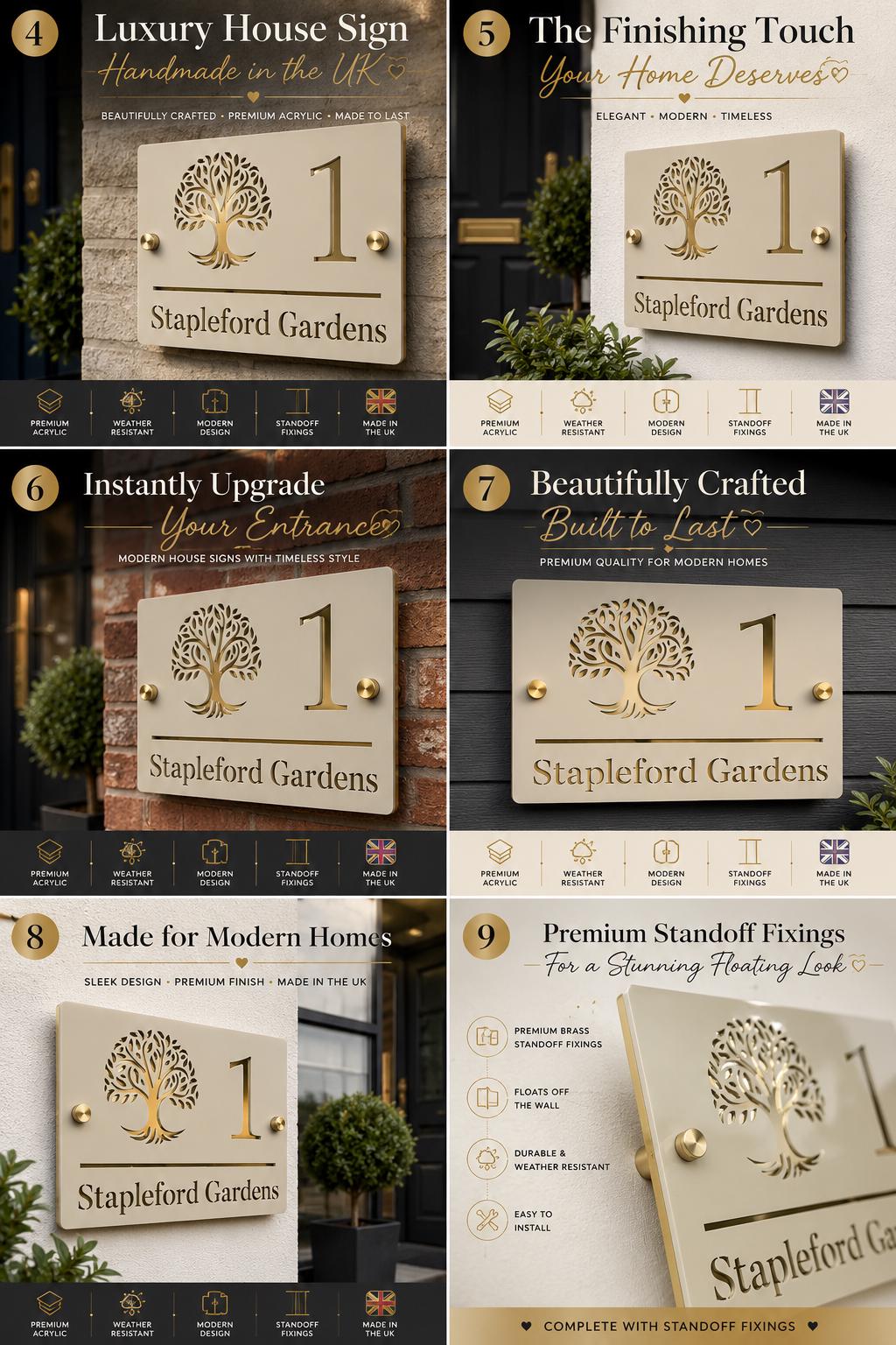 House Sign UK Personalised Address Plaque Door Number Sign Stone Mirror Gold Acrylic