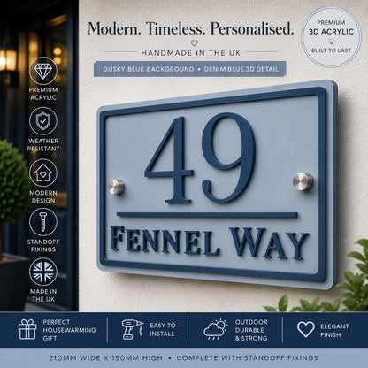 Personalised House Sign UK | Dusky Blue & Denim Blue Acrylic Door Number Sign | Modern Address Plaque | 3D Outdoor House Sign