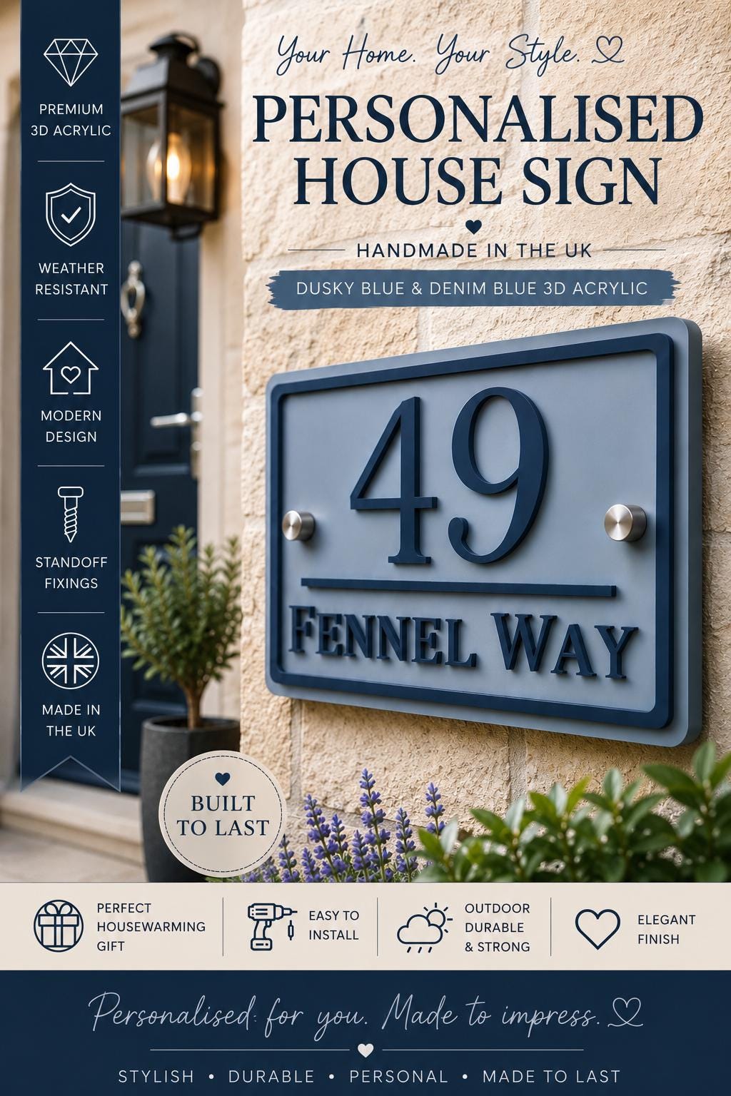 Personalised House Sign UK | Dusky Blue & Denim Blue Acrylic Door Number Sign | Modern Address Plaque | 3D Outdoor House Sign