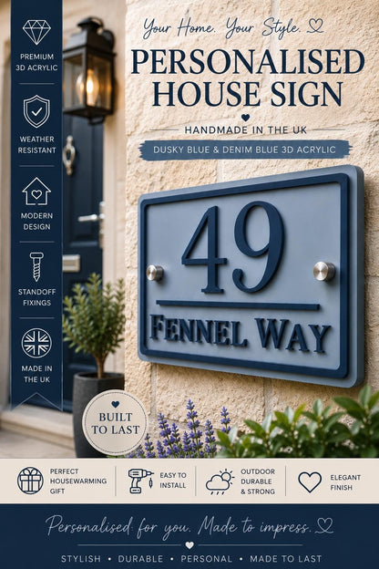 Personalised House Sign UK | Dusky Blue & Denim Blue Acrylic Door Number Sign | Modern Address Plaque | 3D Outdoor House Sign