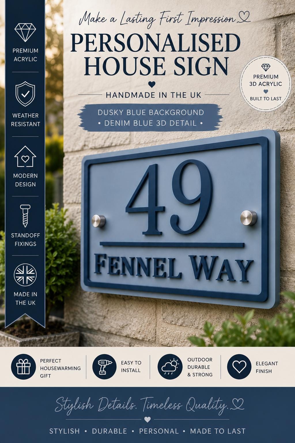 Personalised House Sign UK | Dusky Blue & Denim Blue Acrylic Door Number Sign | Modern Address Plaque | 3D Outdoor House Sign