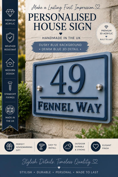 Personalised House Sign UK | Dusky Blue & Denim Blue Acrylic Door Number Sign | Modern Address Plaque | 3D Outdoor House Sign
