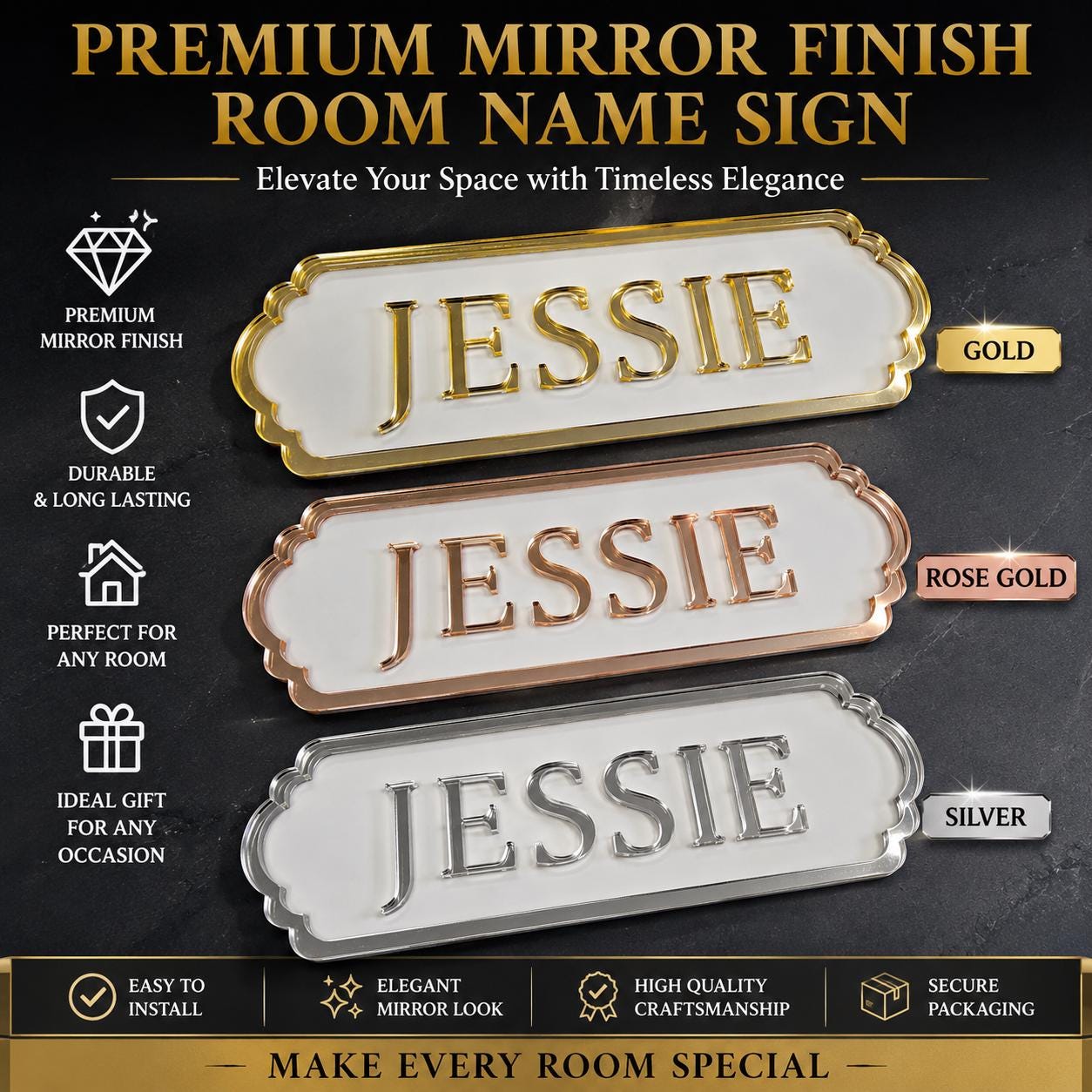 Personalised Mirror Acrylic Room Name Sign 210mm x 70mm | Gold Rose Gold Silver Bedroom Door Plaque | Custom Kids Name Sign UK