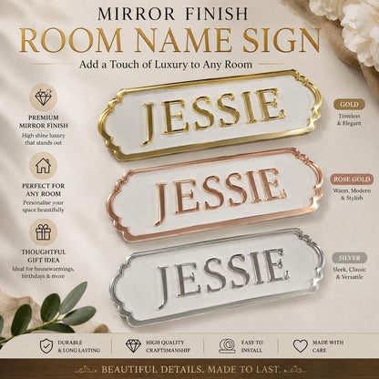 Personalised Mirror Acrylic Room Name Sign 210mm x 70mm | Gold Rose Gold Silver Bedroom Door Plaque | Custom Kids Name Sign UK