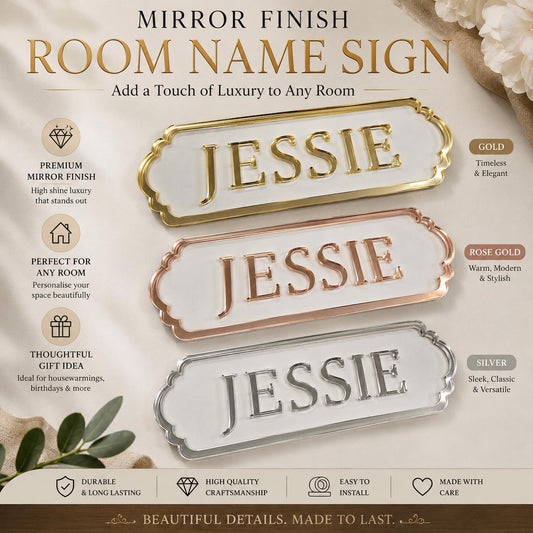 Personalised Mirror Acrylic Room Name Sign 210mm x 70mm | Gold Rose Gold Silver Bedroom Door Plaque | Custom Kids Name Sign UK
