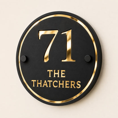 Personalised Round House Sign | Matte Black & Mirror Gold Acrylic Door Number Sign | Modern House Plaque | Custom Address Sign UK