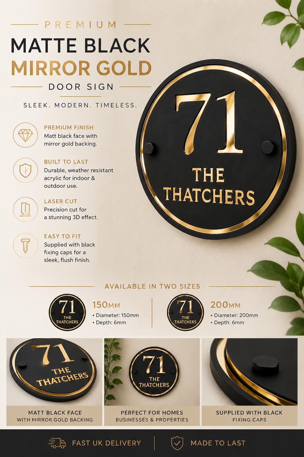Personalised Round House Sign | Matte Black & Mirror Gold Acrylic Door Number Sign | Modern House Plaque | Custom Address Sign UK