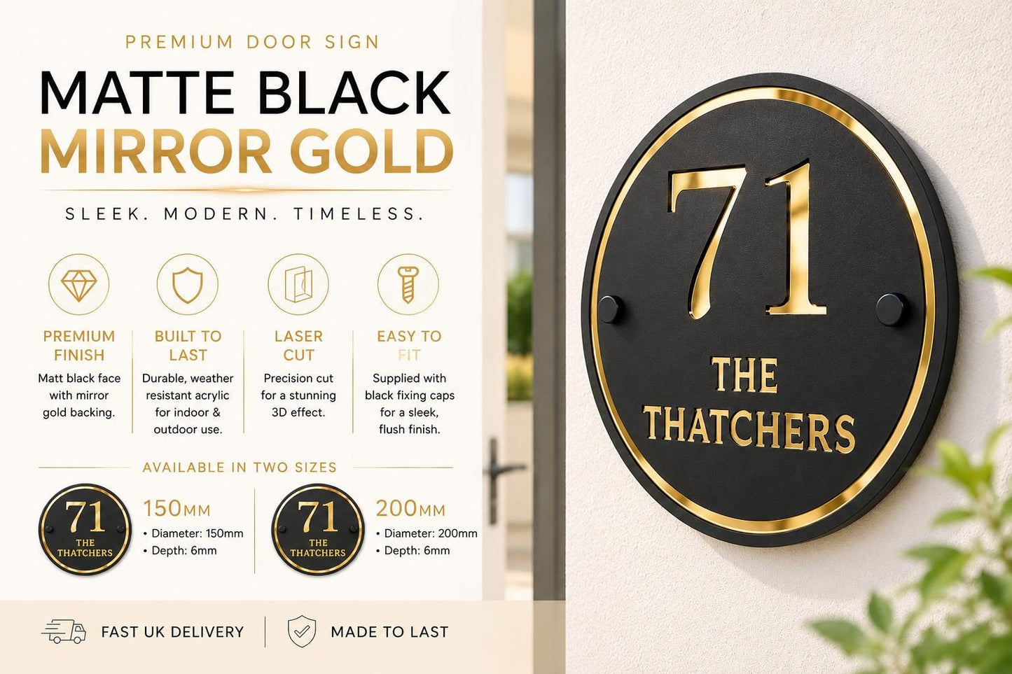 Personalised Round House Sign | Matte Black & Mirror Gold Acrylic Door Number Sign | Modern House Plaque | Custom Address Sign UK