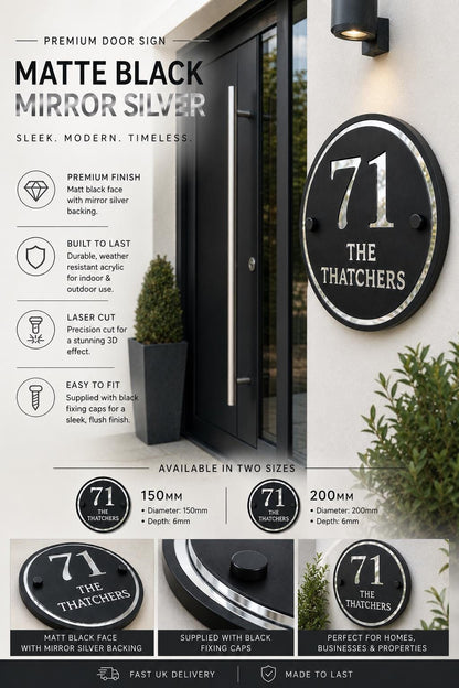 House Sign Personalised Matt Black & Mirror Silver  | Modern Acrylic Door Number Plaque | Round House Sign | Contemporary Address Sign UK