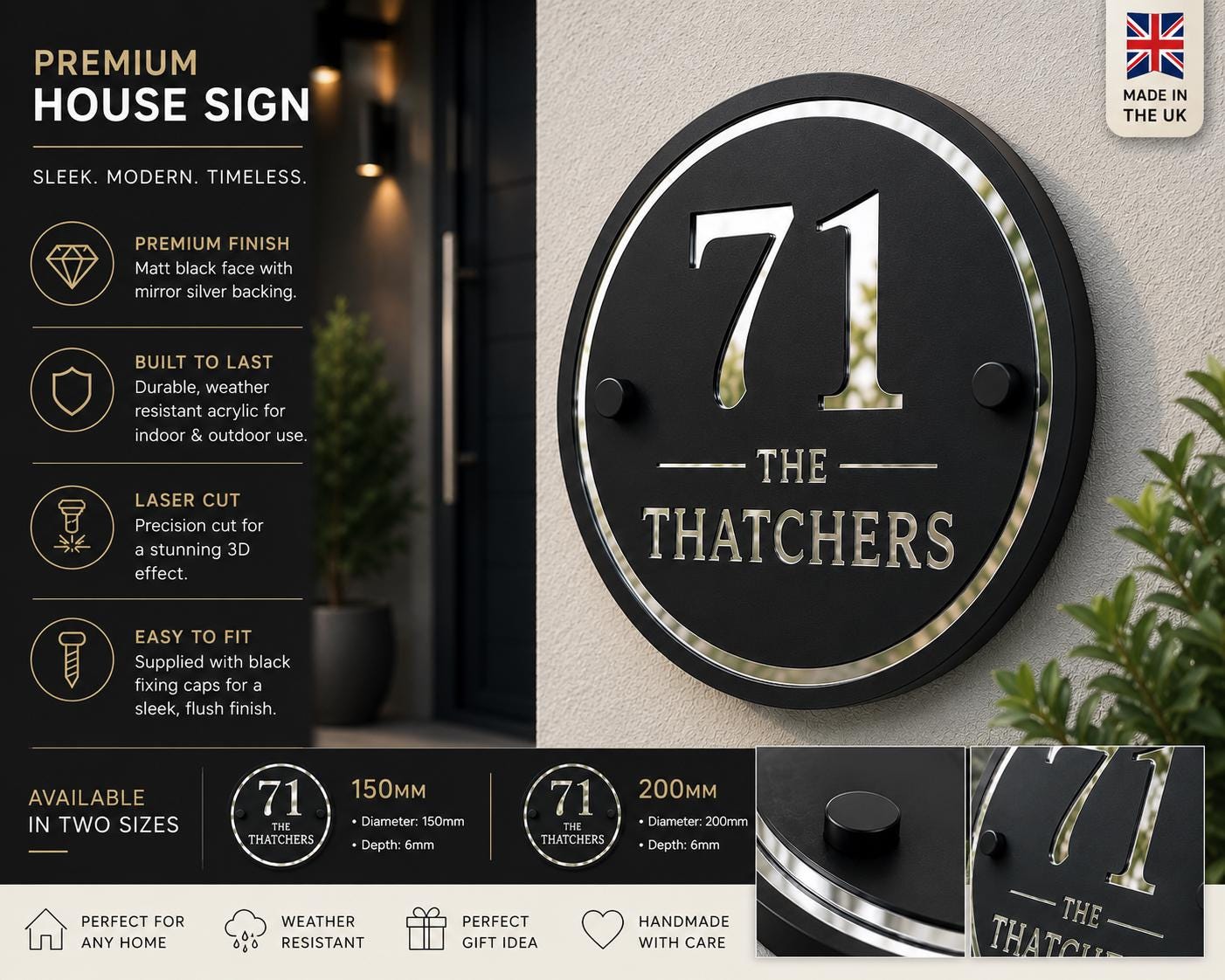 House Sign Personalised Matt Black & Mirror Silver  | Modern Acrylic Door Number Plaque | Round House Sign | Contemporary Address Sign UK
