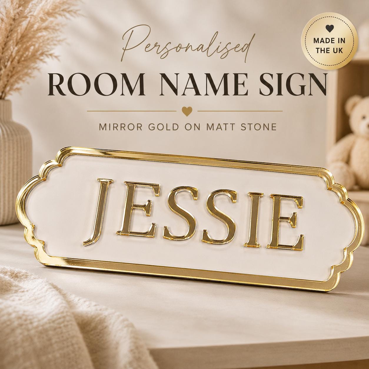 Personalised Mirror Gold Name Sign | 3D Acrylic Room Door Sign | Luxury Kids Bedroom Wall Plaque | Matt Stone Perspex Name Plaque