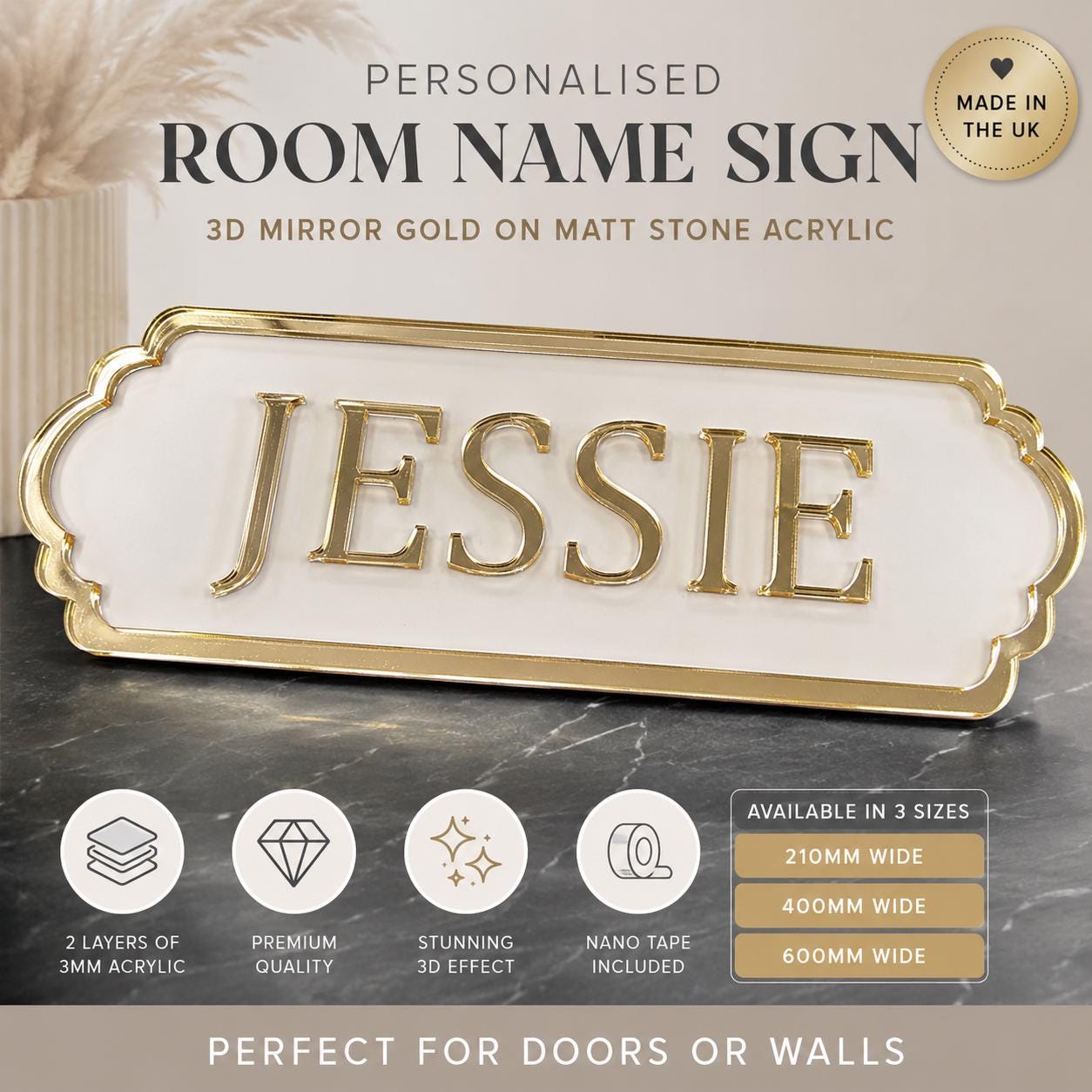 Personalised Mirror Gold Name Sign | 3D Acrylic Room Door Sign | Luxury Kids Bedroom Wall Plaque | Matt Stone Perspex Name Plaque