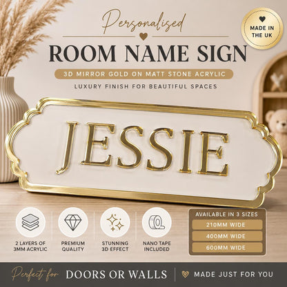 Personalised Mirror Gold Name Sign | 3D Acrylic Room Door Sign | Luxury Kids Bedroom Wall Plaque | Matt Stone Perspex Name Plaque