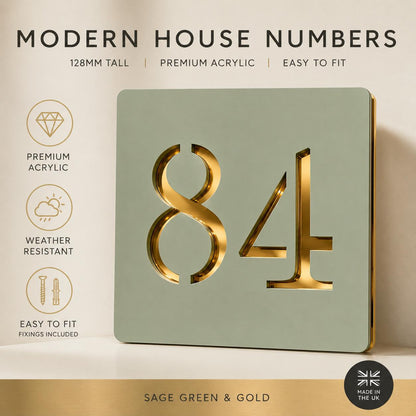 Sage Green House Number Sign UK Personalised Address Plaque Mirror Silver Acrylic Door Number Sign Modern Outdoor House Sign