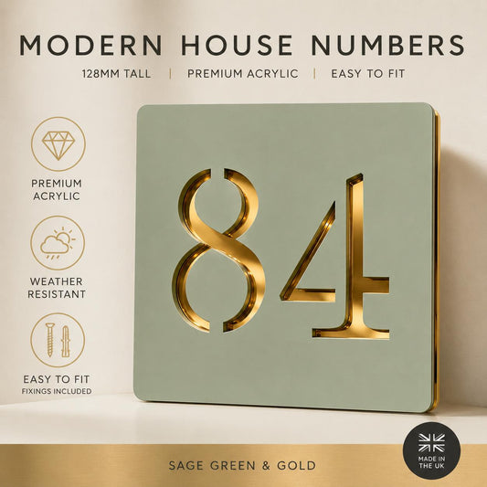 Sage Green House Number Sign UK Personalised Address Plaque Mirror Silver Acrylic Door Number Sign Modern Outdoor House Sign