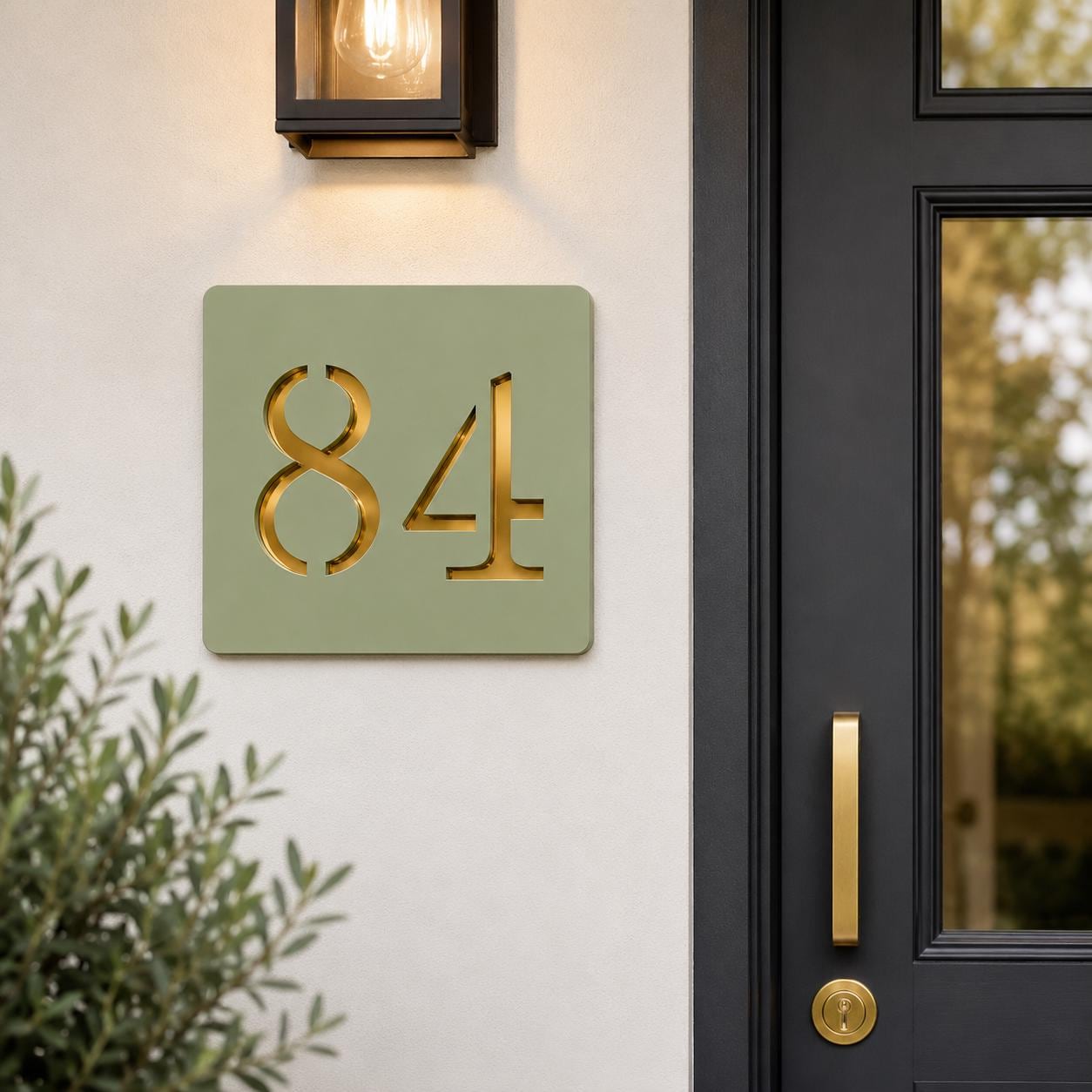 Sage Green House Number Sign UK Personalised Address Plaque Mirror Silver Acrylic Door Number Sign Modern Outdoor House Sign