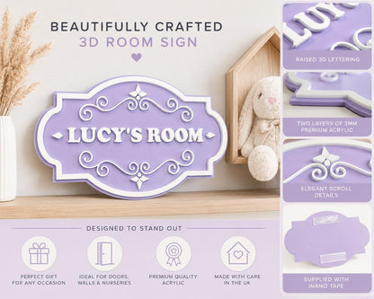 Personalised Lilac Room Sign | 3D Acrylic Name Plaque | Kids Bedroom Door Sign | Matt Lilac & White Nursery Name Sign | Custom Wall Decor