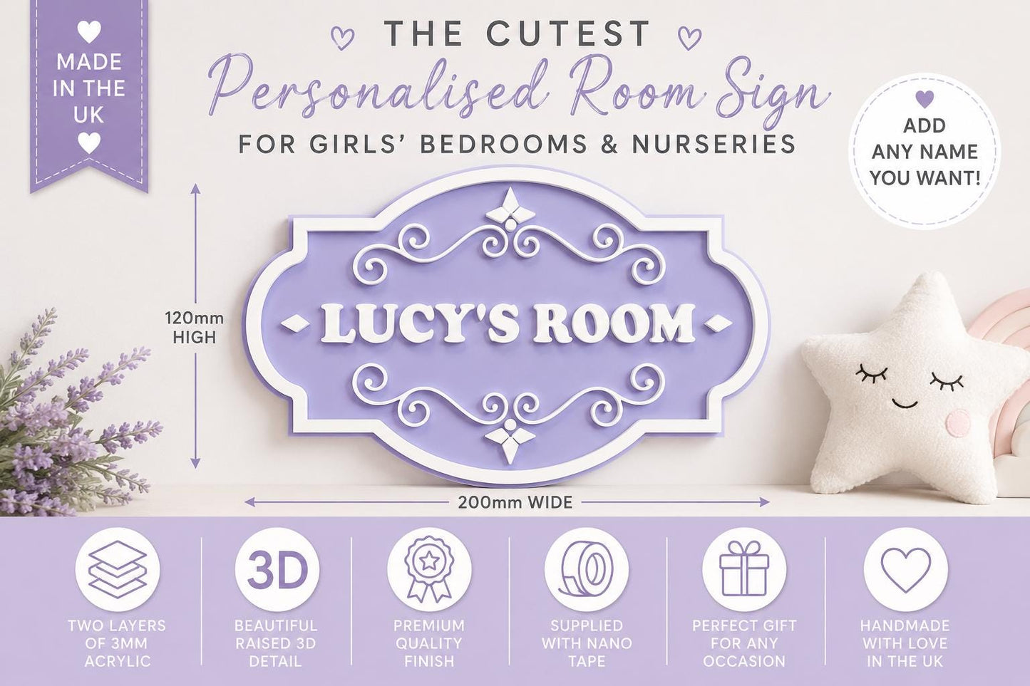 Personalised Lilac Room Sign | 3D Acrylic Name Plaque | Kids Bedroom Door Sign | Matt Lilac & White Nursery Name Sign | Custom Wall Decor