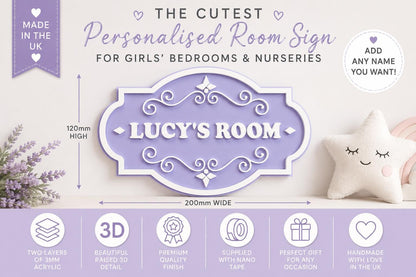 Personalised Lilac Room Sign | 3D Acrylic Name Plaque | Kids Bedroom Door Sign | Matt Lilac & White Nursery Name Sign | Custom Wall Decor