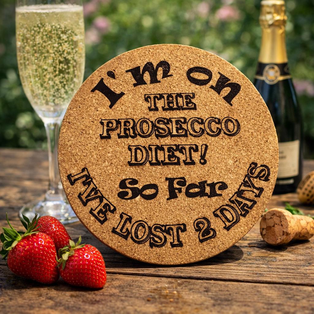 Prosecco Lovers, Slate Cork Oak finish Laser Crafted UK Fun Drinks Coaster sets (6 pack)