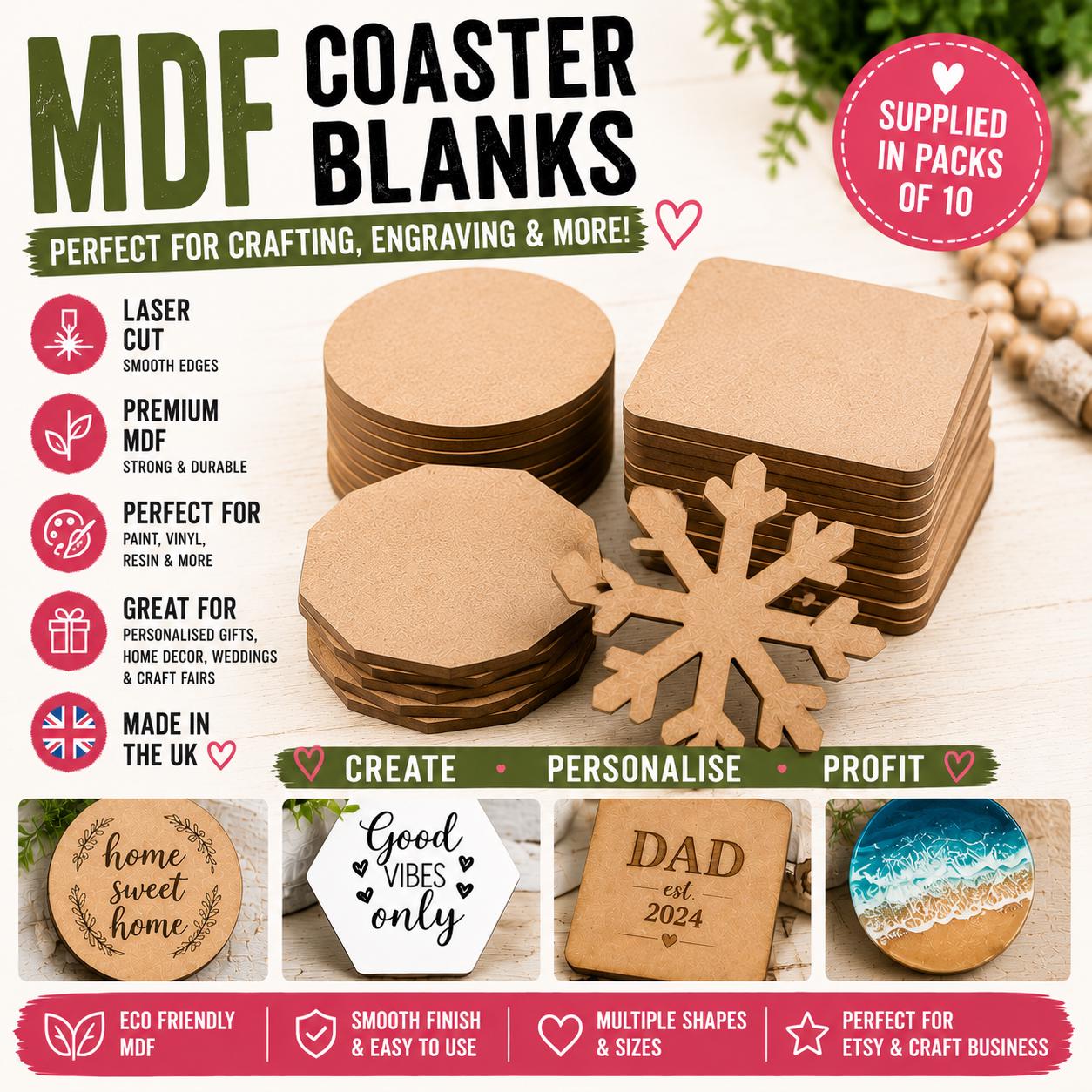 MDF Craft Blanks | Laser Cut Coaster Shapes | Cricut & Engraving DIY Craft Supplies UK x10