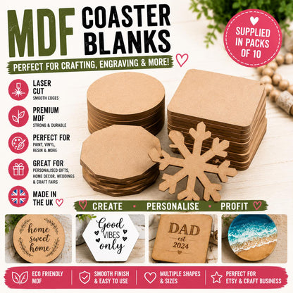 MDF Craft Blanks | Laser Cut Coaster Shapes | Cricut & Engraving DIY Craft Supplies UK x10