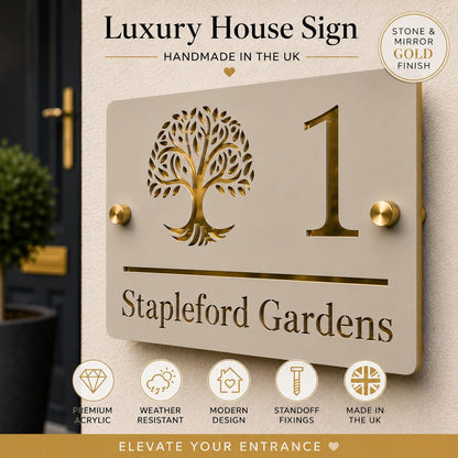 House Sign UK Personalised Address Plaque Door Number Sign Stone Mirror Gold Acrylic