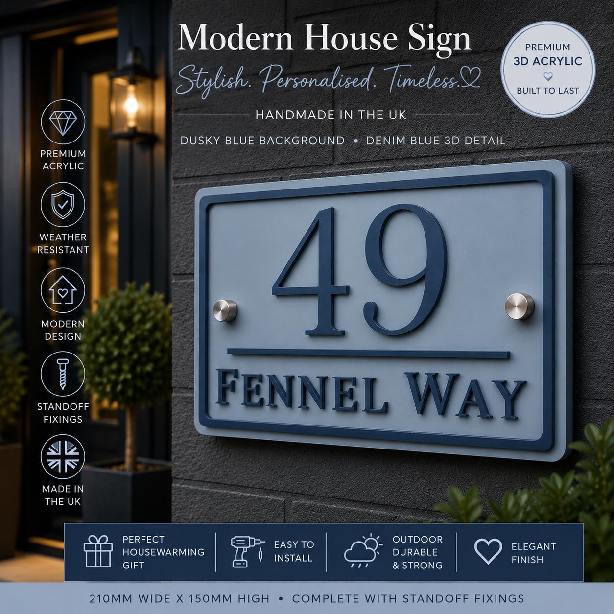 Personalised House Sign UK | Dusky Blue & Denim Blue Acrylic Door Number Sign | Modern Address Plaque | 3D Outdoor House Sign