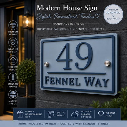 Personalised House Sign UK | Dusky Blue & Denim Blue Acrylic Door Number Sign | Modern Address Plaque | 3D Outdoor House Sign