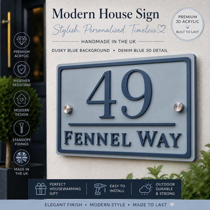 Personalised House Sign UK | Dusky Blue & Denim Blue Acrylic Door Number Sign | Modern Address Plaque | 3D Outdoor House Sign