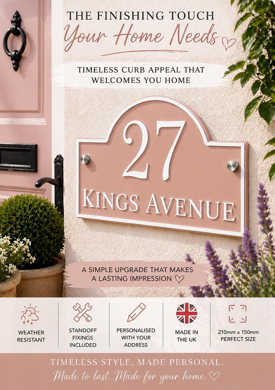 Personalised Rose Petal Pink House Sign | Modern Address Plaque | Door Number Sign | Acrylic House Number | UK Made
