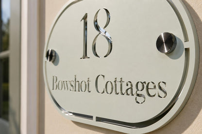 Sage Green House Sign Personalised Address Plaque Mirror Silver Door Number Sign Oval House Name Sign UK Standoff Fixings