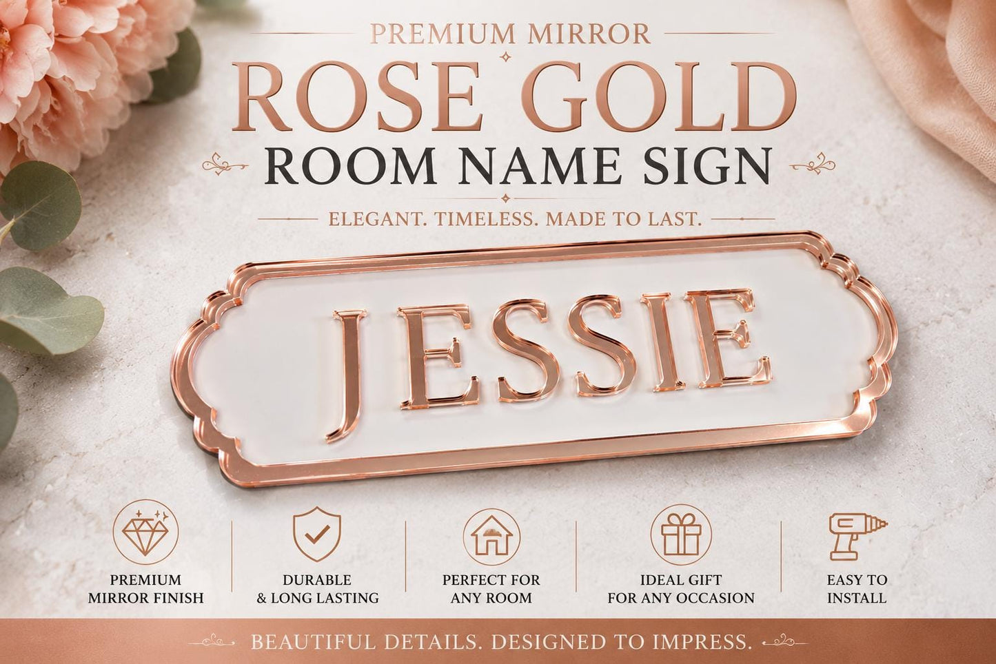 Personalised Mirror Acrylic Room Name Sign 210mm x 70mm | Gold Rose Gold Silver Bedroom Door Plaque | Custom Kids Name Sign UK