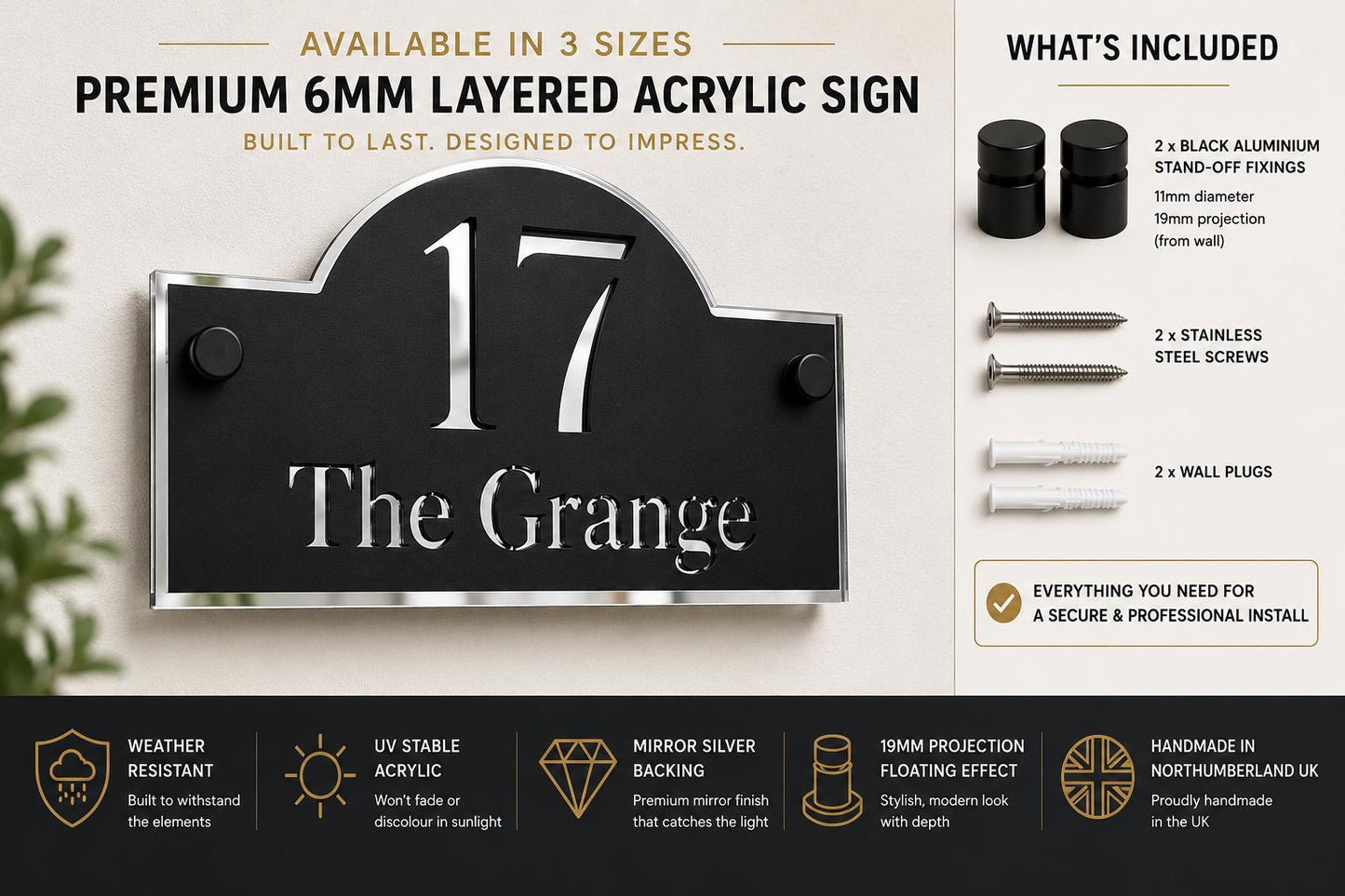 Matt Black & Mirror Silver House Sign Personalised Address Plaque Modern Door Number Sign Outdoor Acrylic House Sign UK