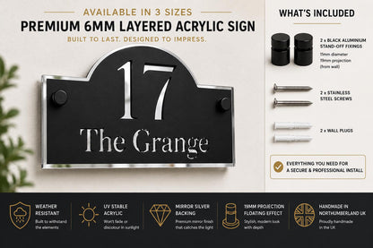 Matt Black & Mirror Silver House Sign Personalised Address Plaque Modern Door Number Sign Outdoor Acrylic House Sign UK