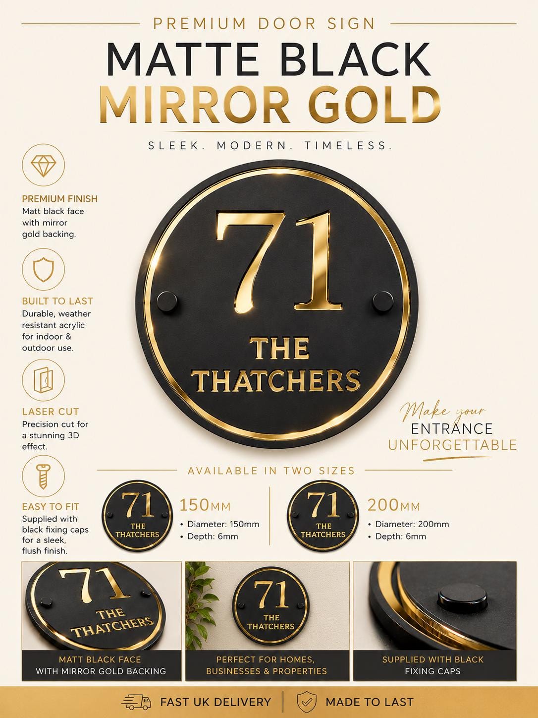 Personalised Round House Sign | Matte Black & Mirror Gold Acrylic Door Number Sign | Modern House Plaque | Custom Address Sign UK