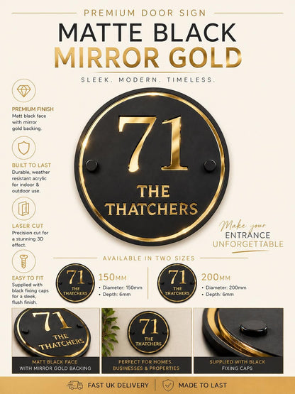 Personalised Round House Sign | Matte Black & Mirror Gold Acrylic Door Number Sign | Modern House Plaque | Custom Address Sign UK