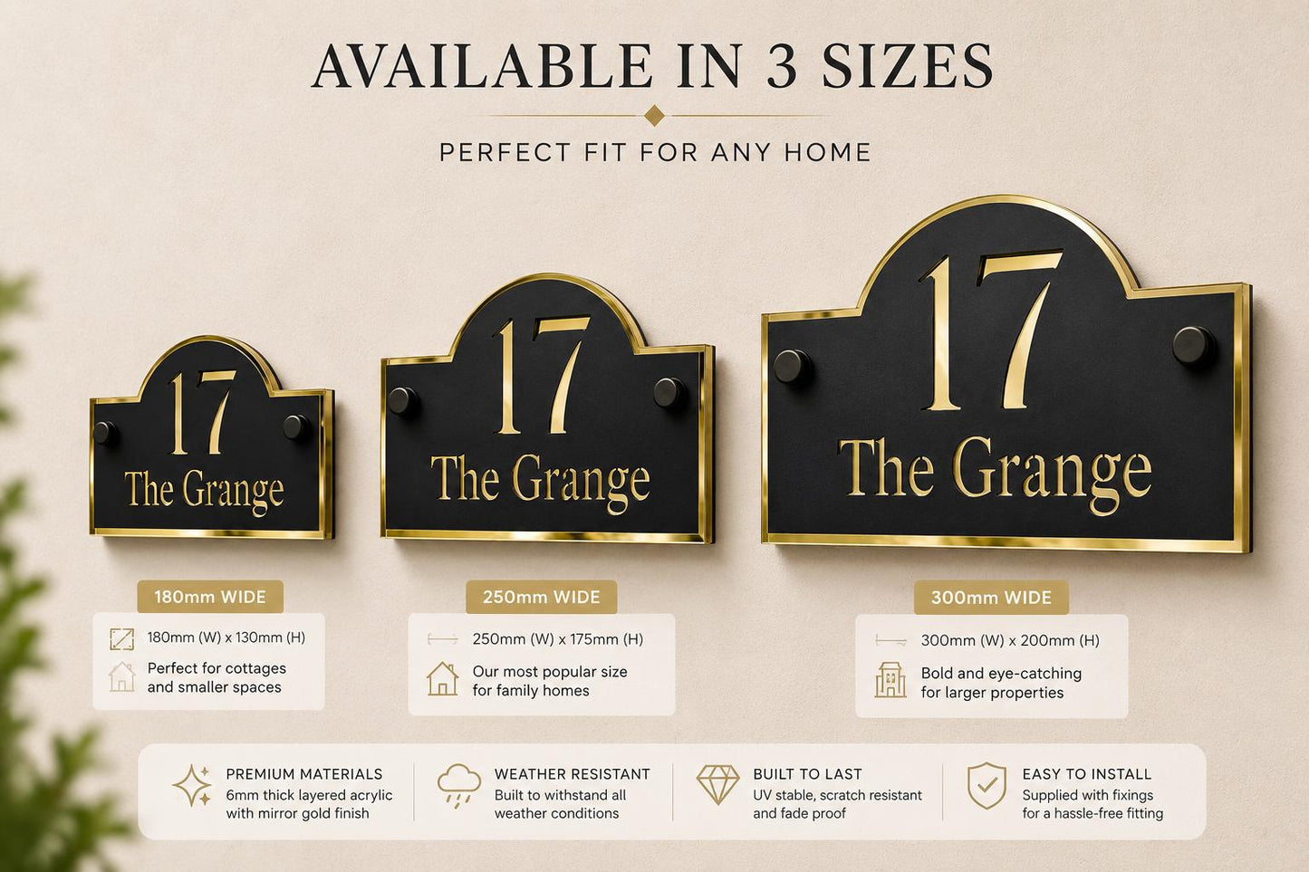 Personalised House Sign Matt Black & Mirror Gold Address Plaque Modern Door Number Sign Acrylic House Number Outdoor Sign UK