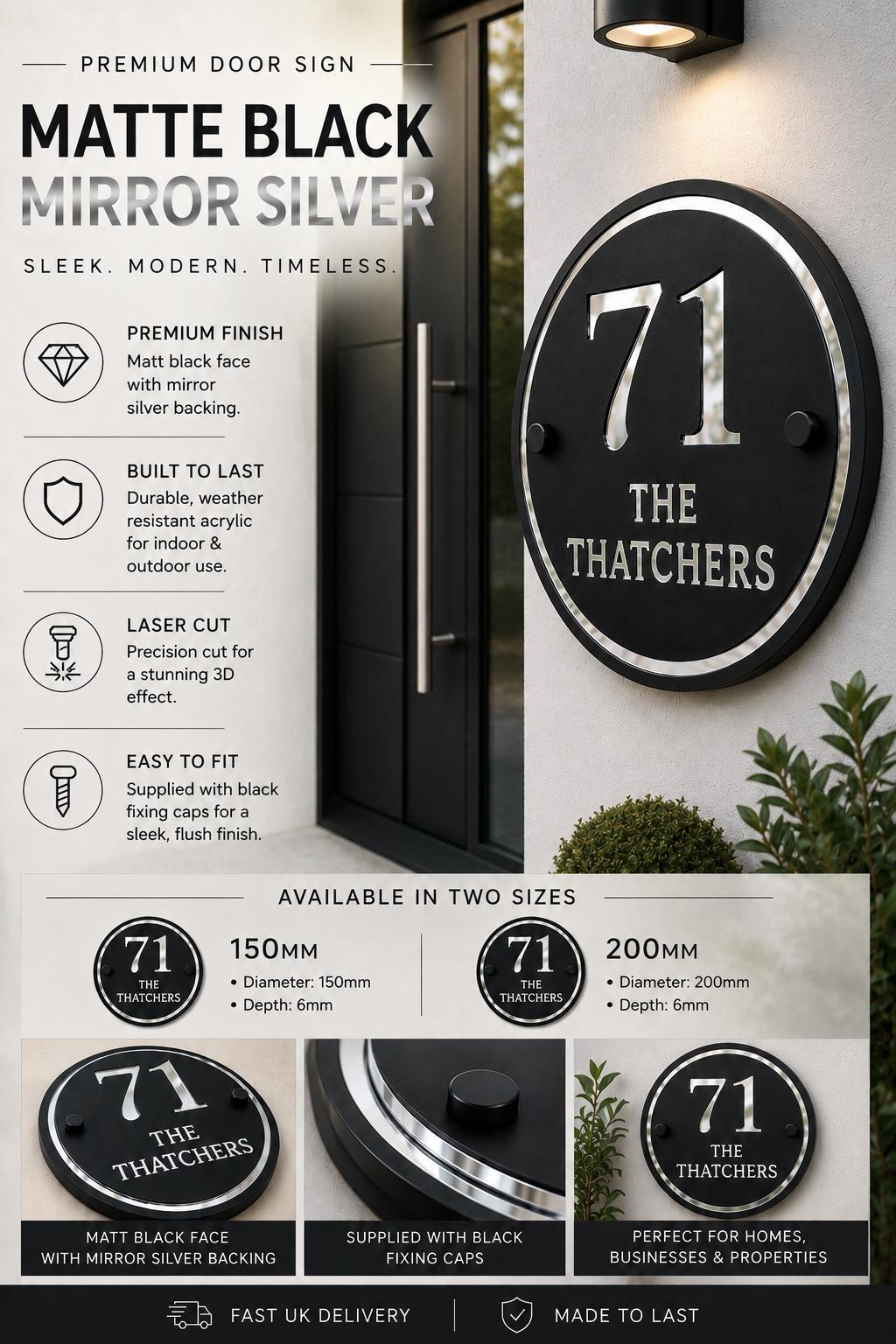 House Sign Personalised Matt Black & Mirror Silver  | Modern Acrylic Door Number Plaque | Round House Sign | Contemporary Address Sign UK