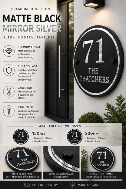 House Sign Personalised Matt Black & Mirror Silver  | Modern Acrylic Door Number Plaque | Round House Sign | Contemporary Address Sign UK