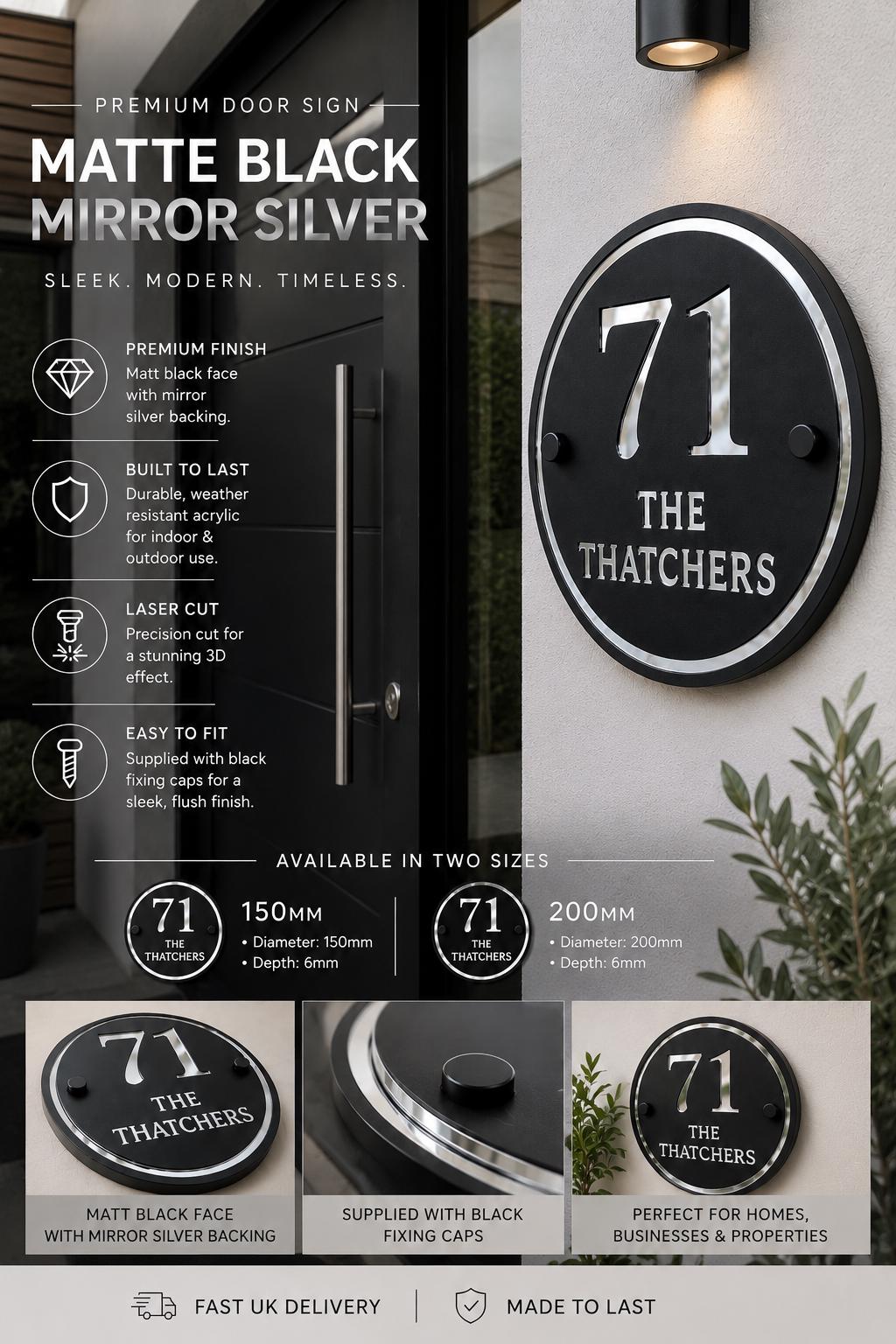 House Sign Personalised Matt Black & Mirror Silver  | Modern Acrylic Door Number Plaque | Round House Sign | Contemporary Address Sign UK
