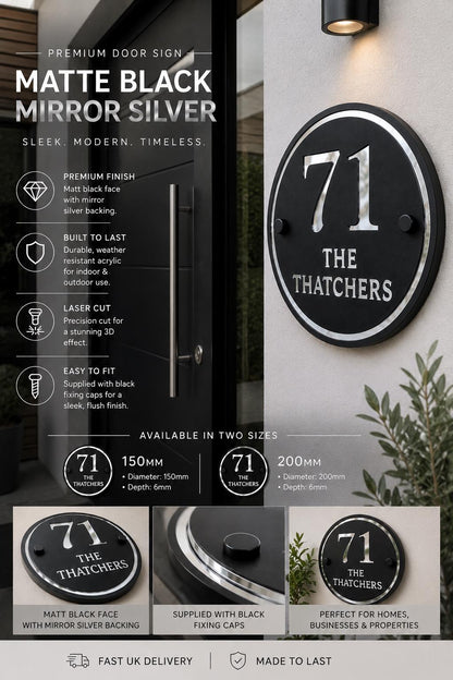 House Sign Personalised Matt Black & Mirror Silver  | Modern Acrylic Door Number Plaque | Round House Sign | Contemporary Address Sign UK