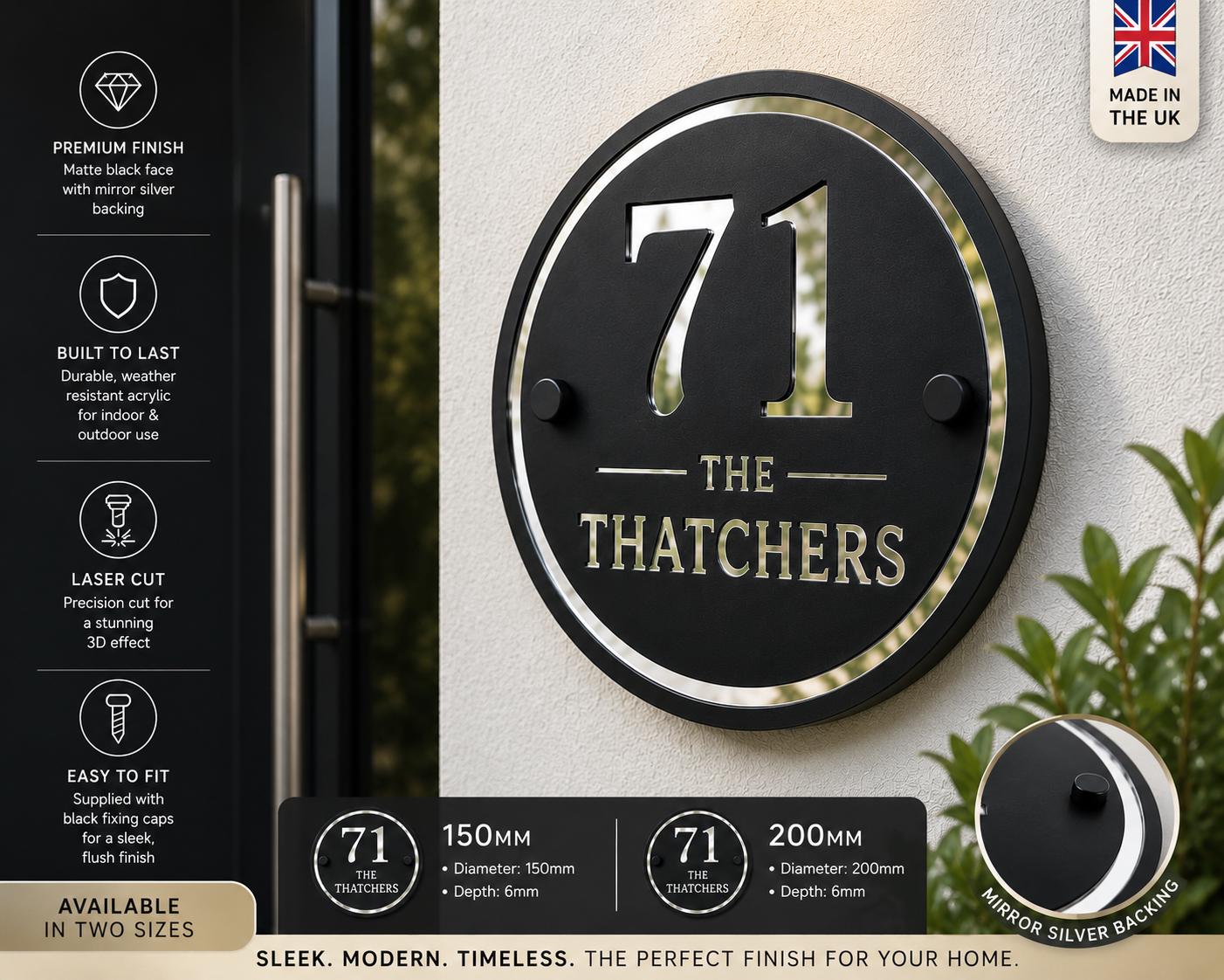 House Sign Personalised Matt Black & Mirror Silver  | Modern Acrylic Door Number Plaque | Round House Sign | Contemporary Address Sign UK