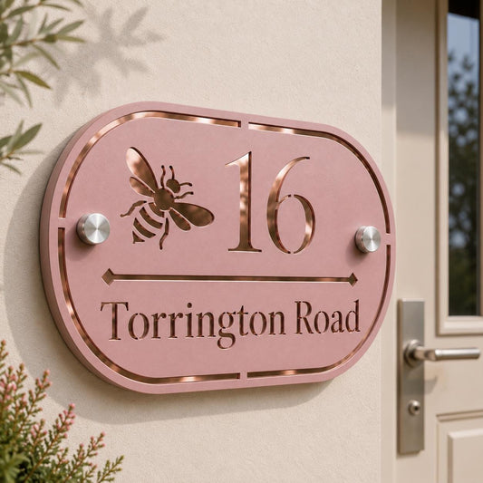 Dusky Pink House Sign Personalised Address Plaque Rose Gold Mirror House Number Sign UK Standoff Fixings