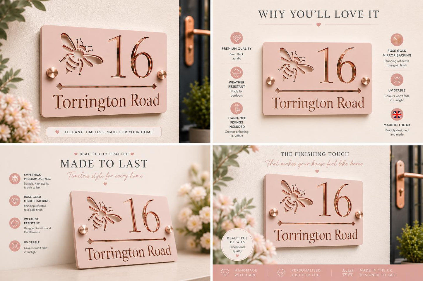 Bee House Sign Rose Petal Pink & Rose Gold Mirror | Personalised Address Plaque | Modern Door Number Sign | Acrylic House Sign UK