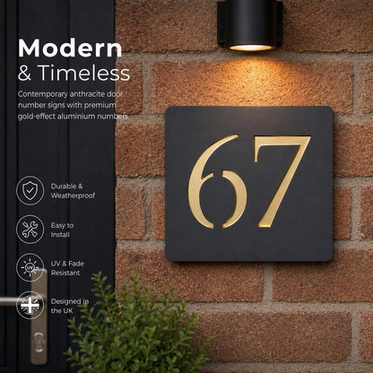 Modern Anthracite House Number Sign | Personalised Door Number Plaque | Gold Mirror Acrylic | Contemporary Address Sign UK | 125mm or 175mm